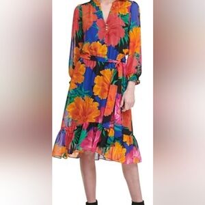 Calvin Klein Long Sleeve Midi Length Dress with Ruffle Hem and Belt Size Large